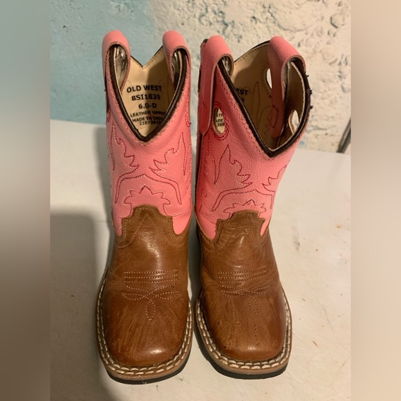 Old West Toddler Girls' Broad Square Toe Cowboy Western Boots Brown Pink Size 6 - Picture 3 of 7